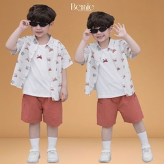  Set sơ mi 3 chi tiết áo tay ngắn họa tiết ô tô áo ba lỗ kèm quần short kaki cho bé trai 9 tới 28kg BERNIE T1125B16