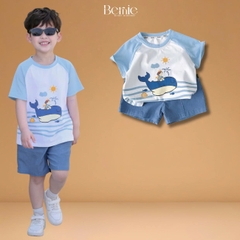 Set bộ ngắn tay raplang họa tiết Cá voi nghộ nghĩnh kèm quần short kaki cho bé trai size 9 tới 28kg BERNIE H1125B25