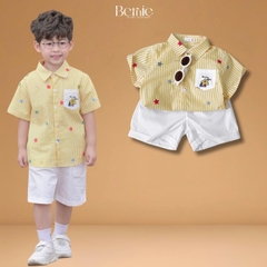  Set bộ sơ mi tay ngắn cho bé trai họa tiết kẻ vàng Happy Star kèm quần short kaki size 11 đến 28kg BERNIE H1225B25