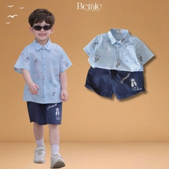 Set bộ sơ mi tay ngắn họa tiết in tràn cún Puppy kèm quần short cho bé trai size 11 tới 28kg BERNIE T1225B10
