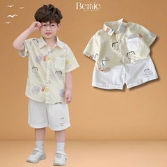 Set bộ sơ mi bé trai đi chơi đi biển áo tay ngắn họa tiết Papa Cat kèm quần short 11 tới 28kg BERNIE H1225B28