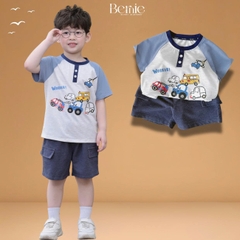 Set bộ cộc tay raplang họa tiết Worker Cars và quần short bé trai đi chơi đi biển 9 tới 25kg BERNIE H1125B42