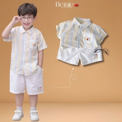  Set bộ sơ mi tay ngắn cho bé trai họa tiết kẻ DƯA HẤU kèm quần short kaki size 9 đến 25kg BERNIE H1225B19Đ