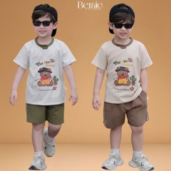 Set bộ tay ngắn họa tiết Gấu cao bồi và quần short đi chơi đi biển cho bé trai size 9 tới 25kg BERNIE H1125B38
