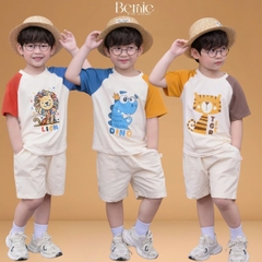 Set bộ tay ngắn cho bé trai áo thun cotton họa tiết Animal Vui Nhộn và quần short kaki 1 đến 7 tuổi BERNIE H0226B06Đ 