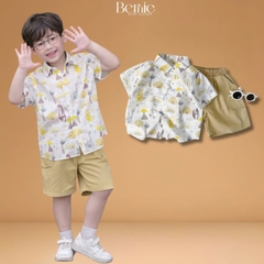 Set bộ sơ mi đi chơi đi biển tay ngắn họa tiết in tràn Cầu vồng kèm quần short cho bé trai size 11 tới 28kg BERNIE T1225B12