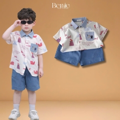 Set bộ đi chơi tay ngắn áo sơ mi họa tiết in tràn Idol cho bé trai kèm quần short denim size 11 đến 28kg BERNIE T1255B13