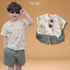 Set bộ tay ngắn cotton cho bé trai họa tiết in trần Puppy Good day kèm quần short size 9 tới 25kg BERNIE T0326B24