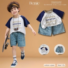 Set bộ tay ngắn raplang phối màu áo thun họa tiết Tomorrow và quần short jean bé trai 1 đến 7 tuổi BERNIE H0725B19