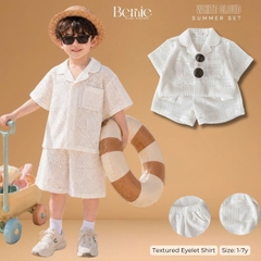 Set bộ sơ mi ren mây trắng tay ngắn cho bé trai đi chơi đi biển size 9 tới 27kg BERNIE H0226A05