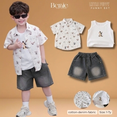  Set sơ mi 3 chi tiết áo tay ngắn họa tiết in tràn Cún áo ba lỗ kèm quần short kaki cho bé trai 9 tới 28kg BERNIE H1225B38