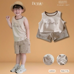 Set bộ ba lỗ cho bé trai in tràn động vật ngộ ngĩnh kèm quần short size 9 tới 25kg BERNIE H0226B30