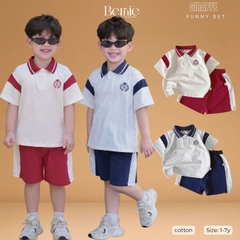 Set bộ polo tay ngắn cổ dệt họa tiết huy hiệu kèm quần short cho bé trai size 11 tới 28kg BERNIE H0226B33