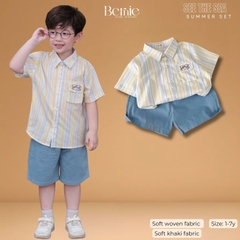  Set bộ tay ngắn áo sơ mi kẻ The Sea cho bé trai kèm quần short kaki denim size 11 đến 28kg BERNIE H1225B27