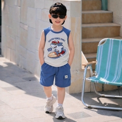Set bộ ba lỗ áo thun phối màu họa tiết Baby Shark kèm quần short cho bé trai đi chơi đi biển size 1 tới 7 tuổi BERNIE H0326B34