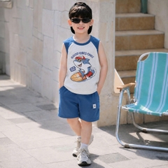 Set bộ ba lỗ áo thun phối màu họa tiết Baby Shark kèm quần short cho bé trai đi chơi đi biển size 1 tới 7 tuổi BERNIE H0326B34