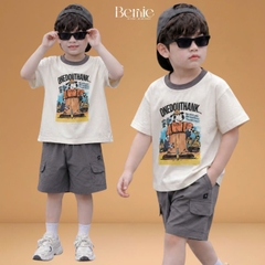 Set bộ tay ngắn áo thun họa tiết Happy Worker kèm quần short kaki cho bé trai size 9 đến 28kg BERNIE H0326B35