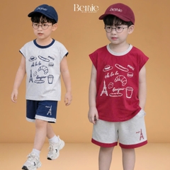 Set bộ cho bé trai áo tanktop họa tiết Bonjour phối màu kèm quần short size 9 tới 28kg BERNIE H0226B29