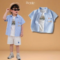 Áo sơ mi caro xannh ngắn tay kèm áo ba lỗ ô tô cho bé trai đi chơi đi biển mặc nhà size 9 tới 27kg BERNIE T0326A01Đ