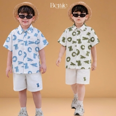 Set bộ sơ mi tay ngắn cho bé trai họa tiết cá sấu vui nhộn kèm quần short kaki size 11kg tới 28kg BERNIE H0226B01
