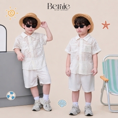 Set bộ sơ mi tay ngắn áo ren kèm quần short đũi trắng cho bé trai đi chơi đi biển size 9 tới 27kg BERNIE T0326B07