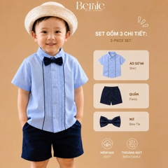 Set sơ mi bé trai công tử màu xanh trắng có nơ mặc thôi nôi sinh nhật sự kiện 1 đến 7 tuổi BERNIE H0725B73