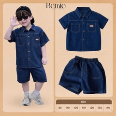 Set bộ sơ mi denim cho bé trai áo sơ mi phối túi kèm quần short size 9 đến 28kg BERNIE T0126B13Đ