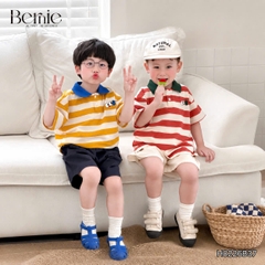 Set bộ thun áo polo tay ngắn họa tiết kẻ sắc màu kèm quần short kaki cho bé trai size 11 đến 28kg BERNIE H0226B37