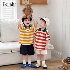 Set bộ thun áo polo tay ngắn họa tiết kẻ sắc màu kèm quần short kaki cho bé trai size 11 đến 28kg BERNIE H0226B37