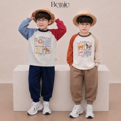 Set bộ dài tay cho bé trai áo thun raplang phối màu họa tiết Puppy kèm quần dài size 9 tới 26kg BERNIE H0426B19