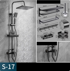 Bộ cây sen tắm bằng đồng của Đức màu đen kèm phụ kiện giá treo khăn tắm cao cấp S17