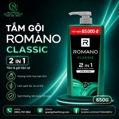 TẮM GỘI ROMANO CLASSIC ( MÀU XANH ) 650ML +25% x 12 Chai / Thùng