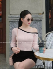 A346- Áo len lệch vai 3 màu viền cổ full tem