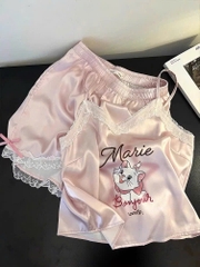 Set689- bộ lụa mèo kitty viền ren 2 dây màu hồng