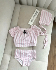BT525- Bộ bơi bikini bé gái sọc hồng kèm mũ