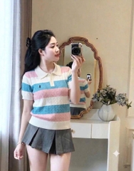 A711- Áo len cộc tay kẻ ngang xanh hồng hàng nhà máy đủ tem