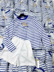 Set706- Set áo thun xước dài tay kẻ xanh phối quần short