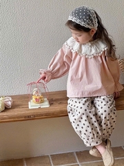 BT609-Bộ dài tay bé gái áo cổ ren phối quần dài bo gấu