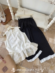 SET953-Set áo ren be mix quần suông bi đen chân ren