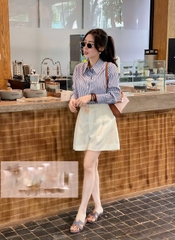 SET718-Set áo sơ mi kẻ xanh phối quần short ly