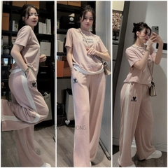 SET479-SEt bộ tăm nhung màu hồng chữ in phối viền trắng quần suông