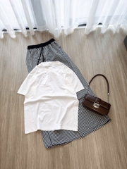 SeT977- Set áo thun trắng suông phối quần kẻ hàng Quảng Châu