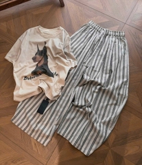 SET1026- Set áo cotton CÚN NÂU mix quần suông kẻ