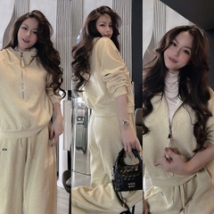 SET807-Bộ nỉ tăm áo khoá kéo phối quần ống suông màu be