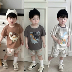 BT865-ComBo 3 bộ cộc tay cotton mát khủng long nâu cho bé 9-27kg