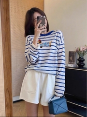 Set706- Set áo thun xước dài tay kẻ xanh phối quần short