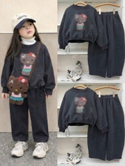 SET848-Bộ nỉ xám KITTY bo gấu cho mẹ và bé