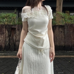 SET738- Set áo tăm đính hoa thủ công phối chân váy trắng 2 lớp