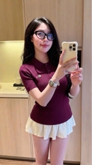 A622-Áo len polo cộc tay thêu cá màu đỏ mận hàng nhà máy đủ tem