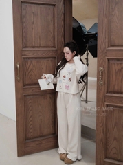 Set757- Bộ mặc nhà áo nỉ dài tay phối quần suông be